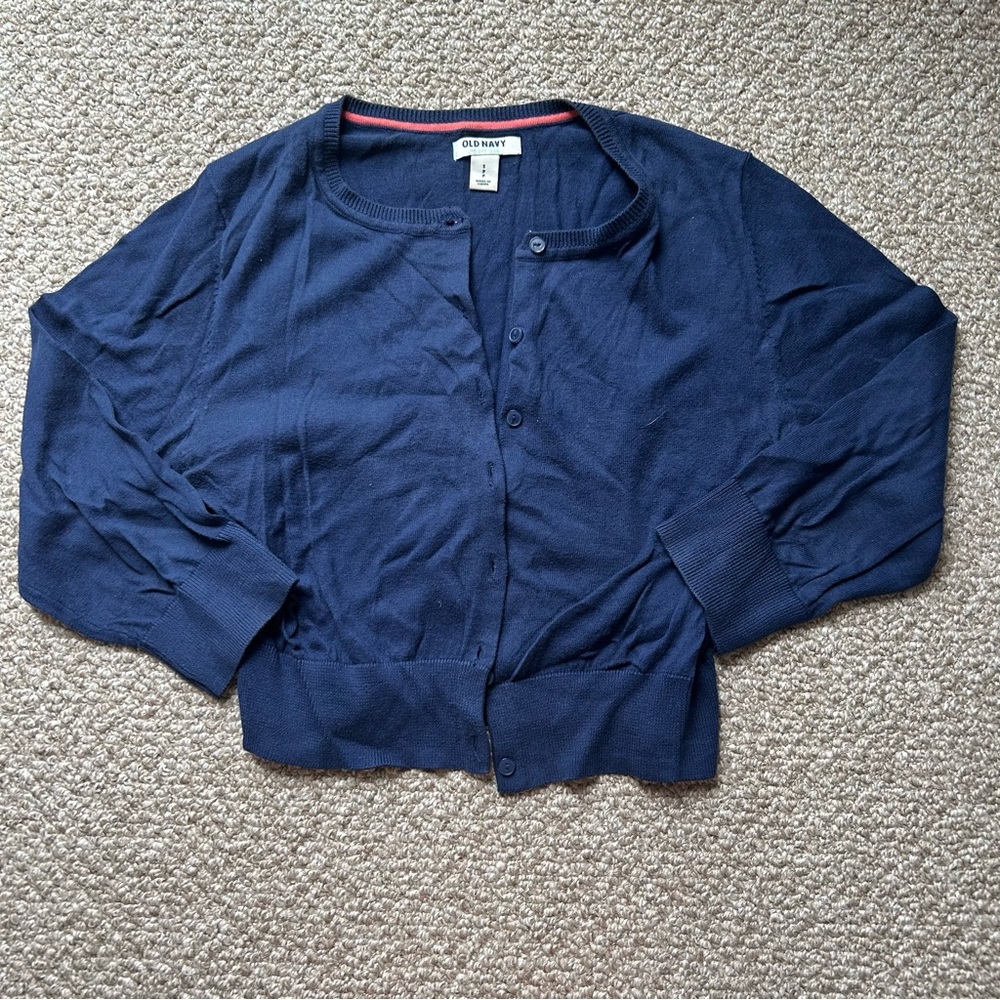 Navy Blue Cropped Button-Up Cardigan